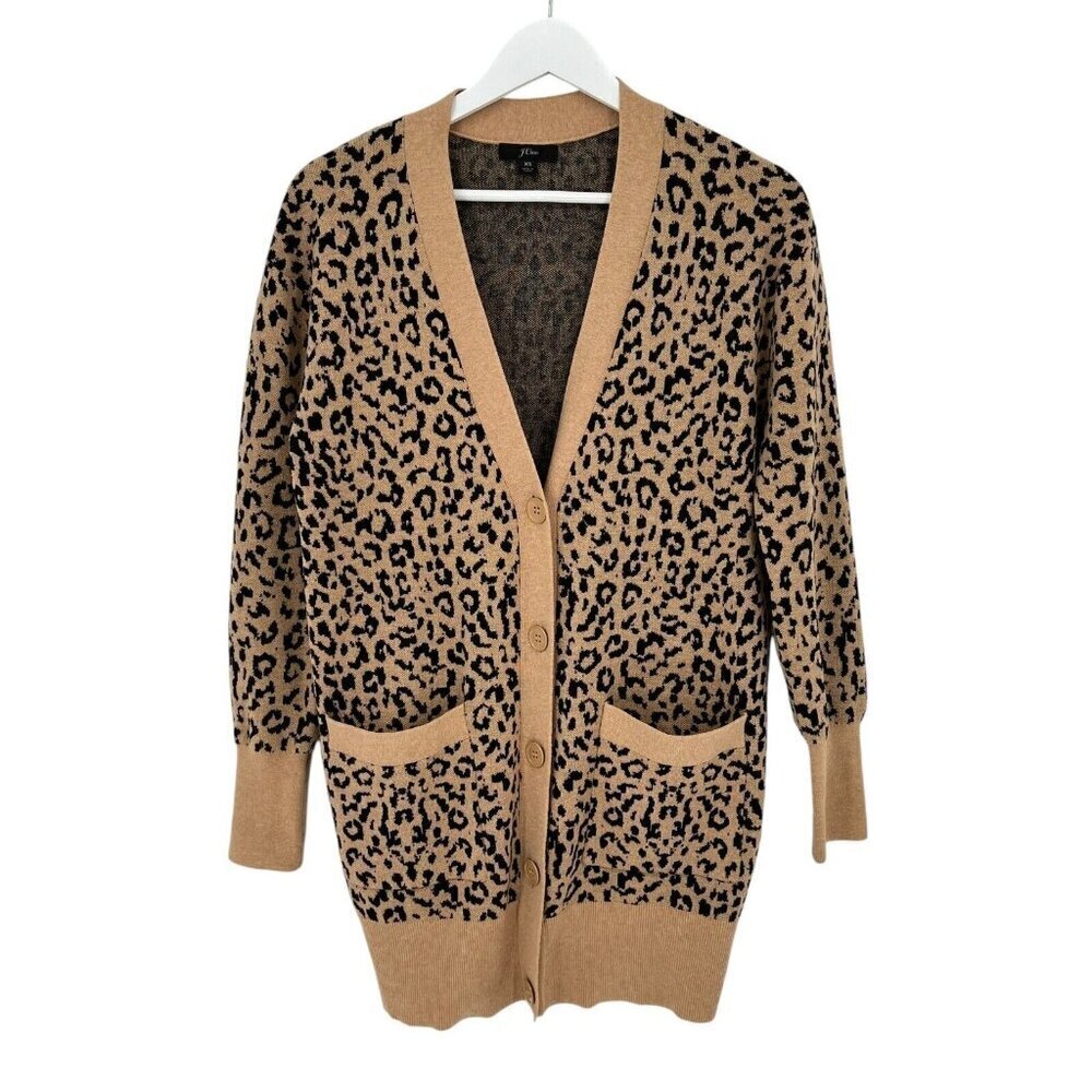 J. Crew Women's Cardigan Size XS Long‎ Line Animal Print Merino Wool Blend L/S